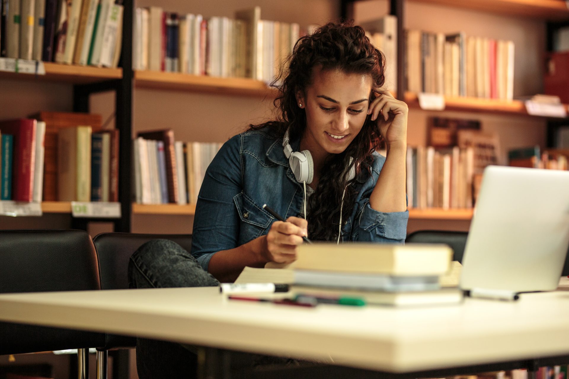 Premium study. Woman in study.